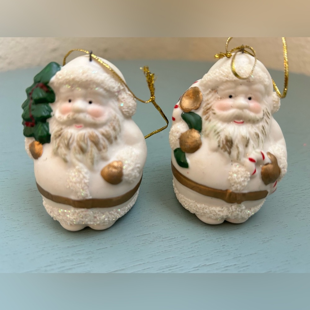 2 Santa Ornaments - Gold - Sparkly - Ceramic - CUTE ~ Vintage